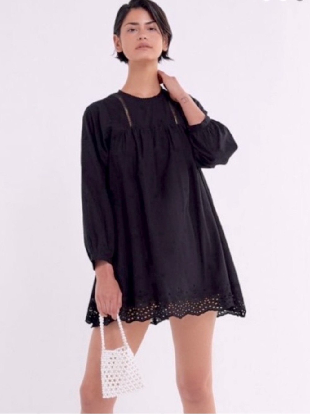 Urban Outfitters Babydoll Tunic Top Black Eyelet Hem Long Sleeve Mini Dress